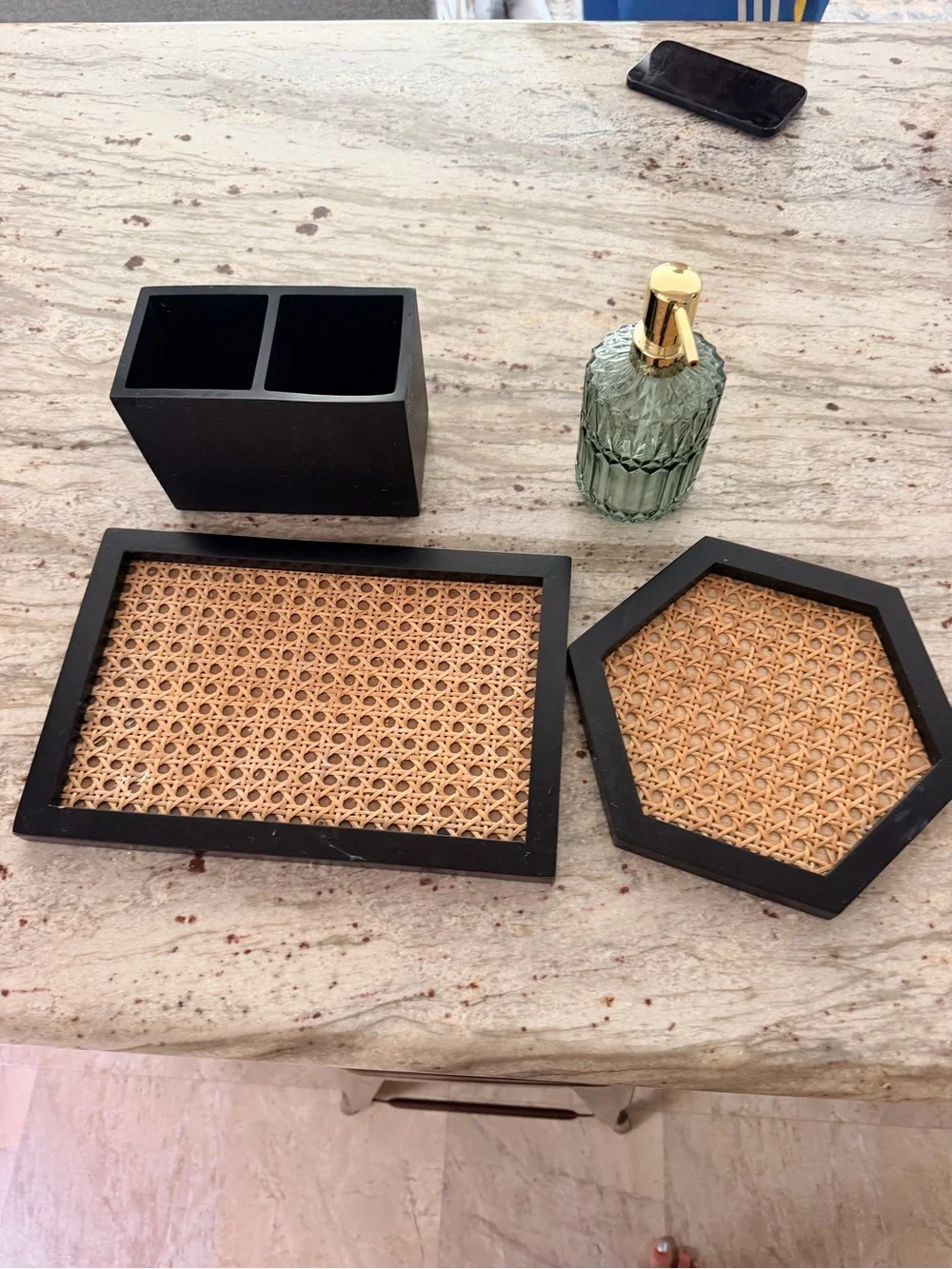 Boho mid century modern rattan bathroom set